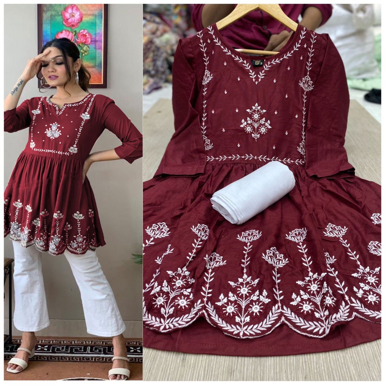 Nascafe Rayon Cotton Embroidered Top With Bottom Catalog